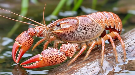 A vibrant crawfish with detailed claws rests near the water's edge, showcasing its beautiful colors and textures in a natural freshwater habitat.