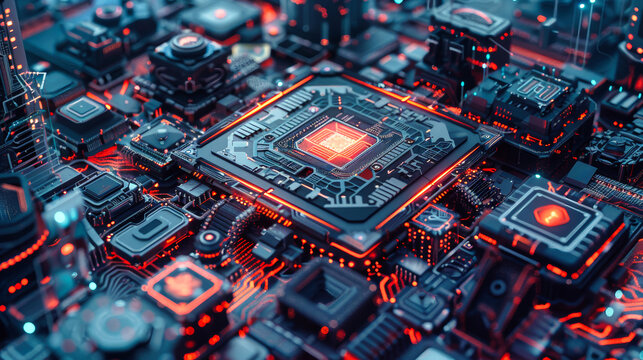 Aerial view of a hyper-realistic AI chip with holographic interface surrounded by futuristic circuits and glowing buildings