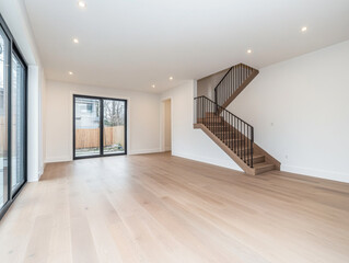 Fototapeta premium Bright, modern interior of a spacious home with large windows and a staircase