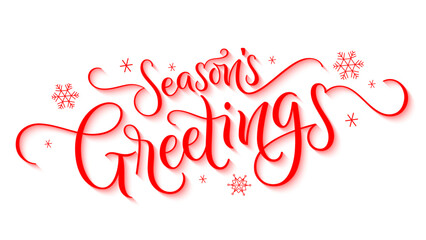 SEASON'S GREETINGS red vector brush calligraphy banner with snowflakes on white background