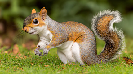 Obraz premium A charming squirrel poses in a natural setting, showcasing its vibrant fur and playful demeanor. The scene captures the essence of wildlife in a lush environment.