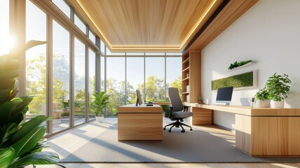 Fototapeta premium Modern Open Office Oasis: Serene Workspace with Relaxing Ambiance for Enhanced Productivity