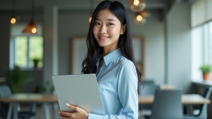 Fototapeta premium Smiling Businesswoman Holding Tablet in Contemporary Office Setting