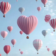 Heart shaped hot air balloons floating in a clear sky, creating a whimsical and romantic atmosphere for a dreamy escape