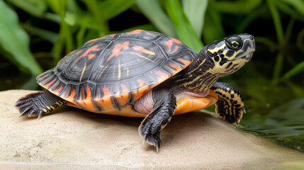 Fototapeta premium A vibrant turtle rests on a rock beside clear water, showcasing its stunning shell patterns in a natural setting. Perfect for wildlife enthusiasts.