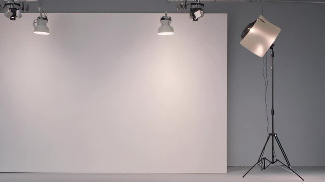 empty photography studio setup with professional lighting equipment and a blank white backdrop, ready for a photo shoot or video production