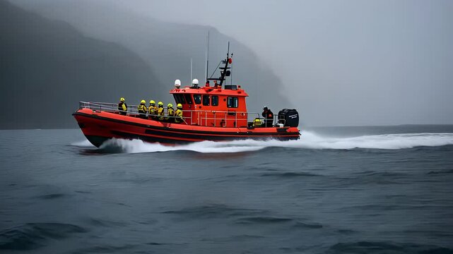  Rescue Lifeboat Racing Through Foggy Ocean Waters