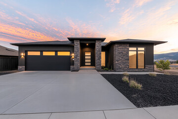 Fototapeta premium Modern single-story home with stone facade and sunset in the background in a suburban setting