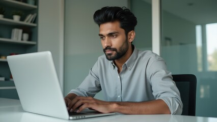 Focused Young Professional Working on Laptop in Modern Office
