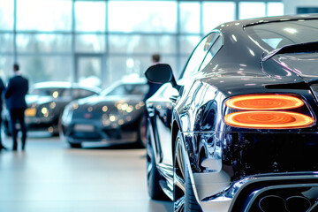 Sleek black luxury cars prominently displayed in a contemporary showroom with customers eager to test drive their dream vehicles