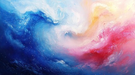 Fototapeta premium Abstract swirling clouds in blue, pink and yellow colors.
