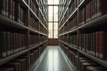 Narrow library hallway with bookshelves full of books