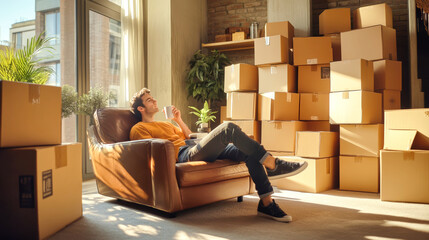 Young man relaxes in a chair with coffee surrounded by cardboard boxes after moving into his new apartment in a cozy living room