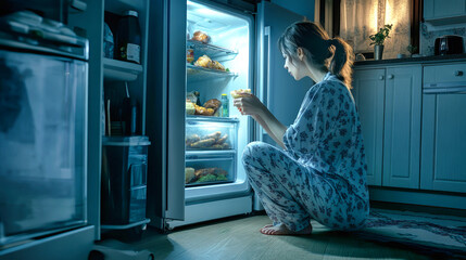 A woman in pajamas kneels by the open refrigerator at night, savoring late-night snacks in her cozy kitchen