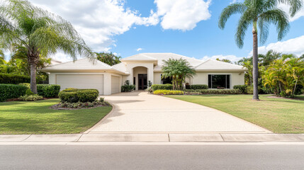Elegant residential house with palm trees and lush landscaping on a sunny day