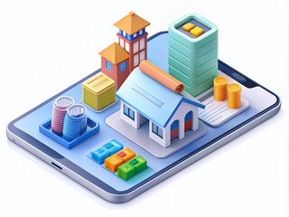 Online Tax Payment Macro Photography with Smartphone, Banking, and Accounting Elements in Isometric Line Art Style