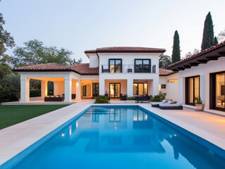 Fototapeta premium Luxurious modern villa with a pool and landscaped garden at twilight in a serene setting