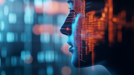 Digital human head with holographic interface, glowing data streams, and futuristic stock market HUD overlay, high-tech vision, cybernetic stock, trading future