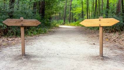 Fototapeta premium Wooden Signs Pointing in Different Directions on Outdoor Mountain Trail