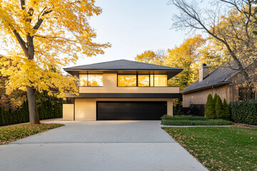 Modern architectural home surrounded by autumn foliage in a suburban neighborhood during sunset