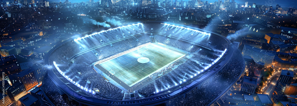 Wall mural aerial view of a vibrant football stadium filled with cheering fans against a city skyline at night,