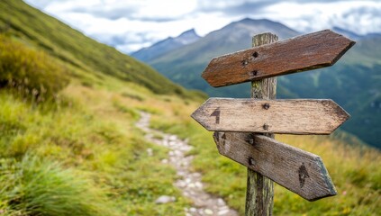 Wooden signs pointing in different directions on the path to the mountains, representing multiple route options for adventure travel and the journey of life concept.