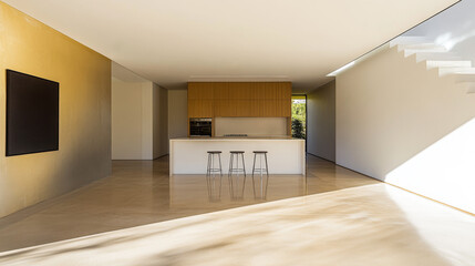 Fototapeta premium Modern kitchen design featuring minimalist decor and natural light in a spacious open-plan layout
