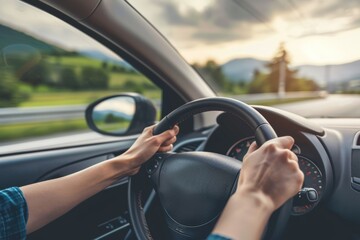 hands of car driver on steering wheel, road trip, driving on highway road