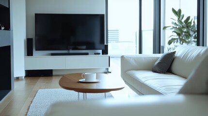 Modern living room interior with white sofa and coffee table.