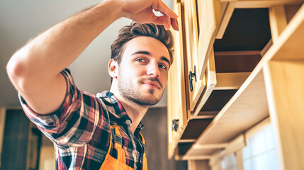 Young handyman installing rustic kitchen cabinet in modern home interior with sleek design and shiny finishes