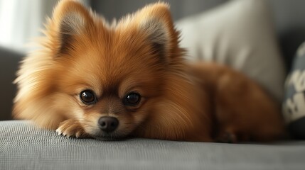 Fluffy Pomeranian Resting on a Sofa