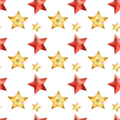 Seamless pattern of red and gold watercolor star isolated on white background. Festive symbol, traditional decorative element. Watercolor hand drawn illustration.