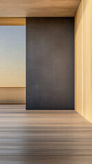 Fototapeta premium Modern minimalism in a serene interior with wooden flooring and contrasting wall colors at sunset