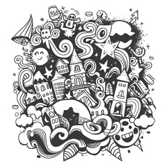 Whimsical Black and White Doodle Cityscape with Buildings Stars and Characters