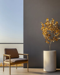 Modern living room corner with stylish armchair and decorative plant in golden hues