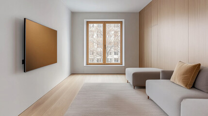 Fototapeta premium Modern living room with minimalist design featuring a large window and cozy seating area