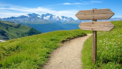 Wooden Signs Pointing in Different Directions on Outdoor Mountain Trail