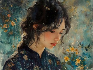 Woman with Flowers - A Thoughtful Portrait