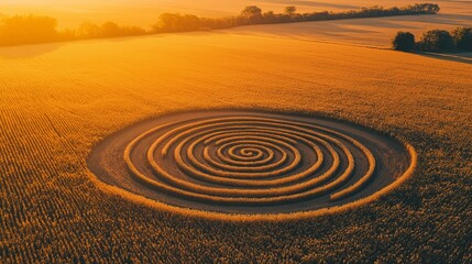 Obraz premium An aerial perspective reveals detailed geometric crop circles formed in golden agricultural fields, illuminated by the warm glow of sunset, highlighting nature's enigmatic patterns. Generative AI