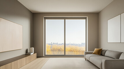 Fototapeta premium Modern living room with large windows showcasing autumn cityscape outside