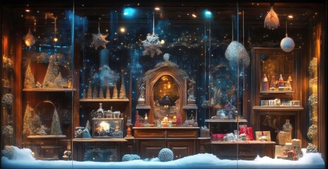 Christmas-themed shop window display with festive decorations
