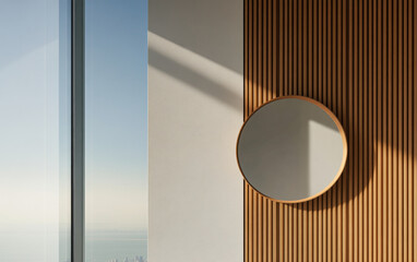 Modern interior design featuring round mirror and textured wall in bright natural light