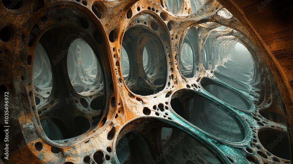 Fototapete abstract 3d rendering of a futuristic organic structure with interconnected tunnels and chambers.