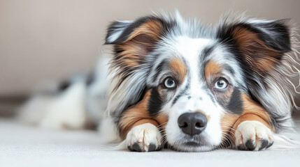 This close-up image features a relaxed Australian Shepherd dog resting comfortably indoors. The dog's striking blue eyes and fluffy fur capture joyful companionship and serenity.