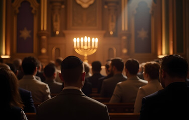 Congregation attending service with menorah in synagogue for Hanukkah celebration
