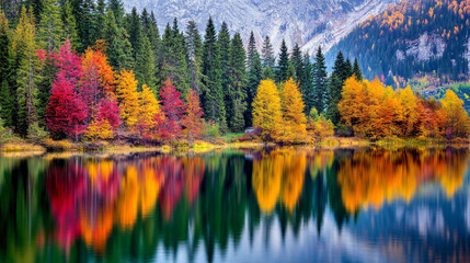 Obraz premium A colorful autumn landscape featuring a variety of trees with colorful leaves reflecting in a calm lake.