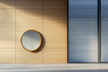 Modern round mirror on wooden wall beside sleek glass sliding door in contemporary interior