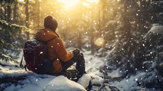 A hiker enjoys a serene snowy winter sunset in a tranquil forest setting while sitting on a rock near scattered trees