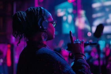 A sign language interpreter actively communicates, using expressive gestures to connect with the audience amid a lively event filled with colorful lights. Generative AI