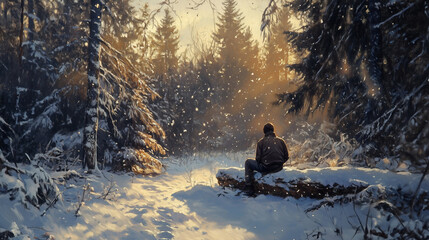 A serene winter morning in the forest with a person sitting quietly on a log surrounded by falling snowflakes and tall trees